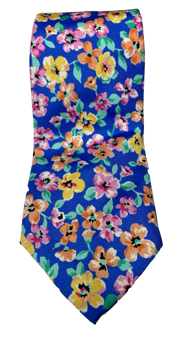 Polo Ralph Lauren Italy 100% Silk Floral Tie Blue Pink Orange Yellow Classic 3.5